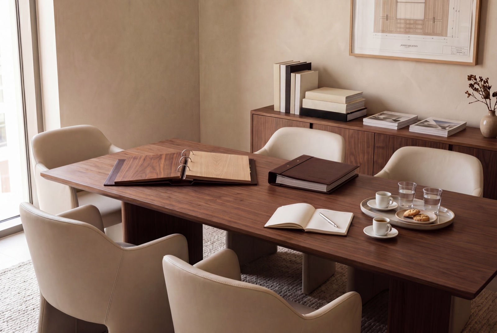 A walnut meeting table with material sample binders open, a notebook and pen waiting, coffee poured
