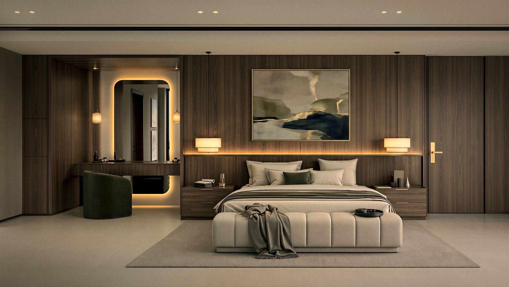 The master bedroom at dusk, walnut panelling lit by a warm cove