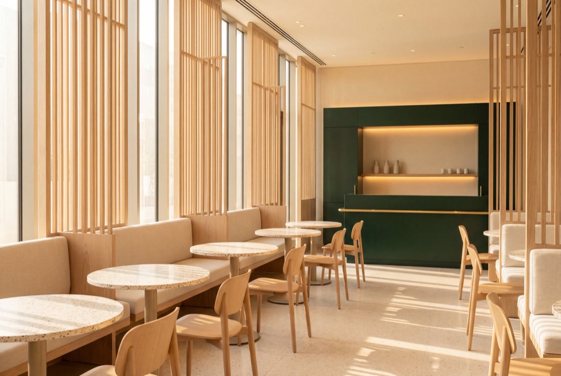 A daylight café, morning sun striping the room through tall oak fin screens
