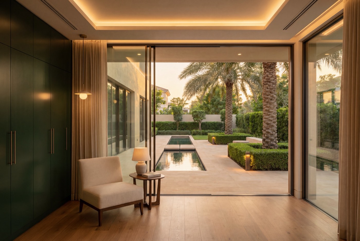 Looking from inside a villa through open sliders to the garden, water rill and palms at golden hour