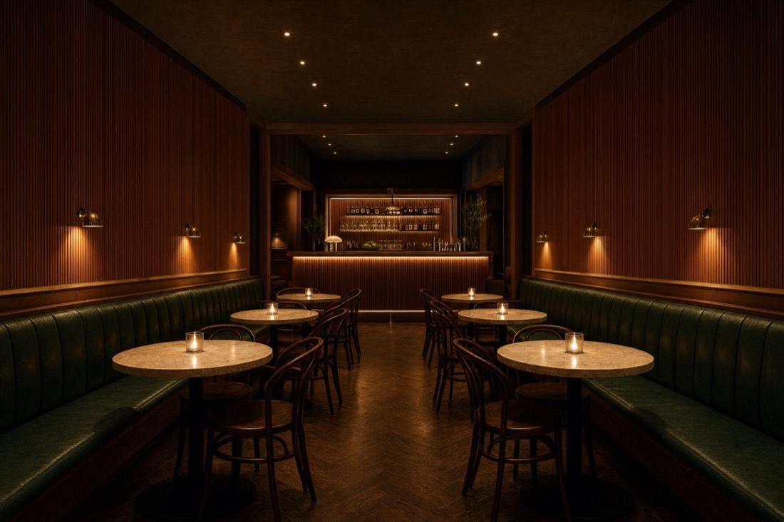 A restaurant dining room at candle-lighting hour, green leather banquettes and a glowing bar