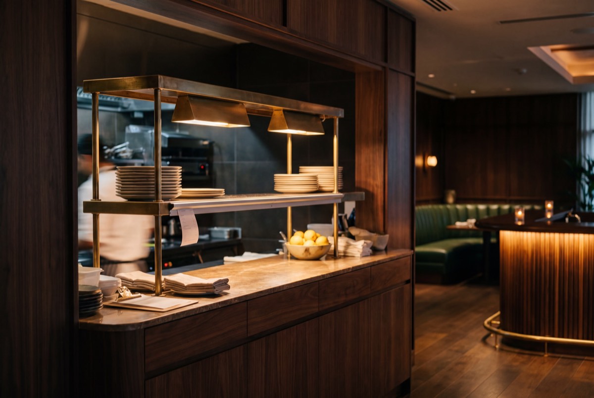 A restaurant pass at service, plates under the heat lamps, the kitchen bright behind