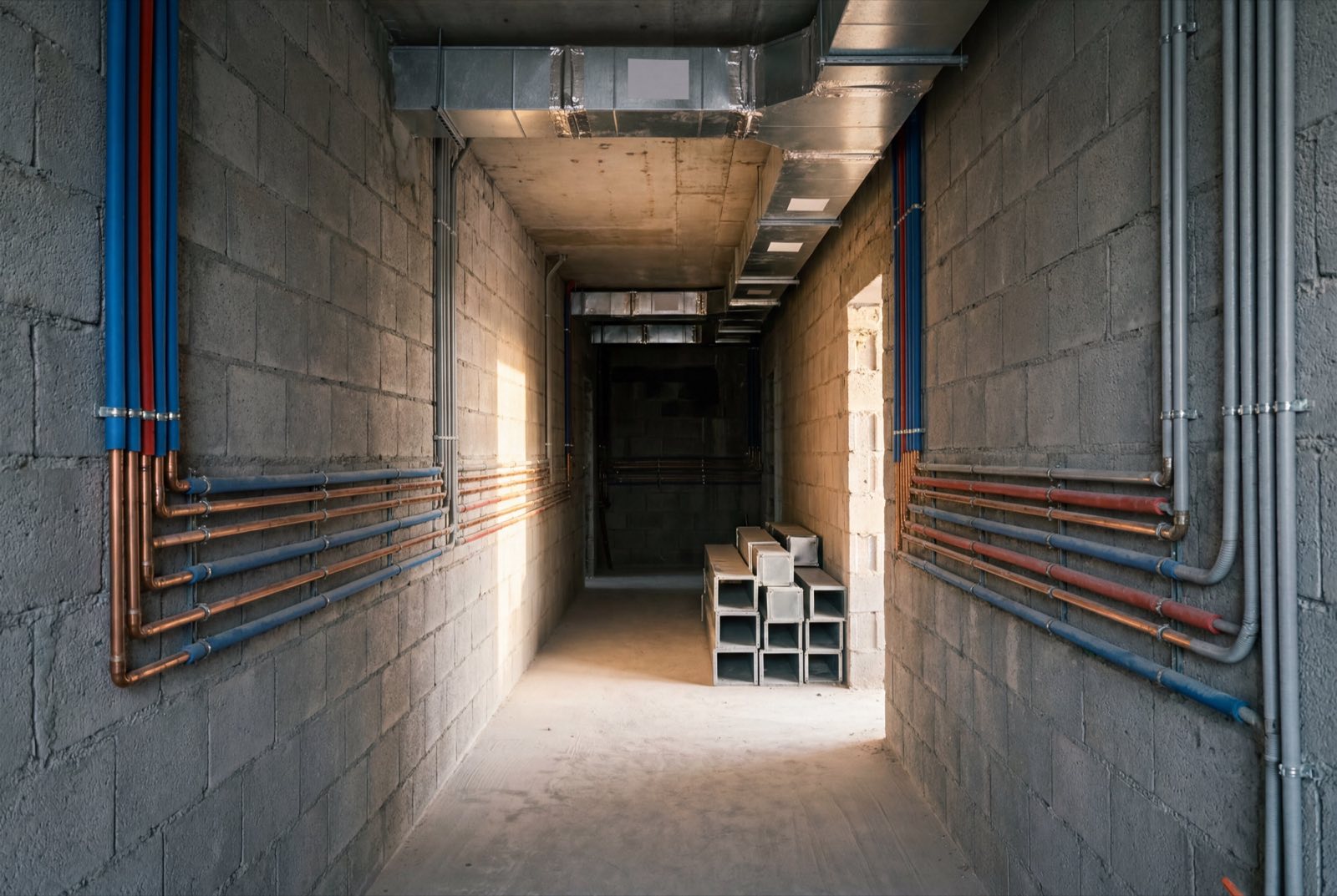 A service corridor at first fix, copper and conduit run in parallel lines before the walls close