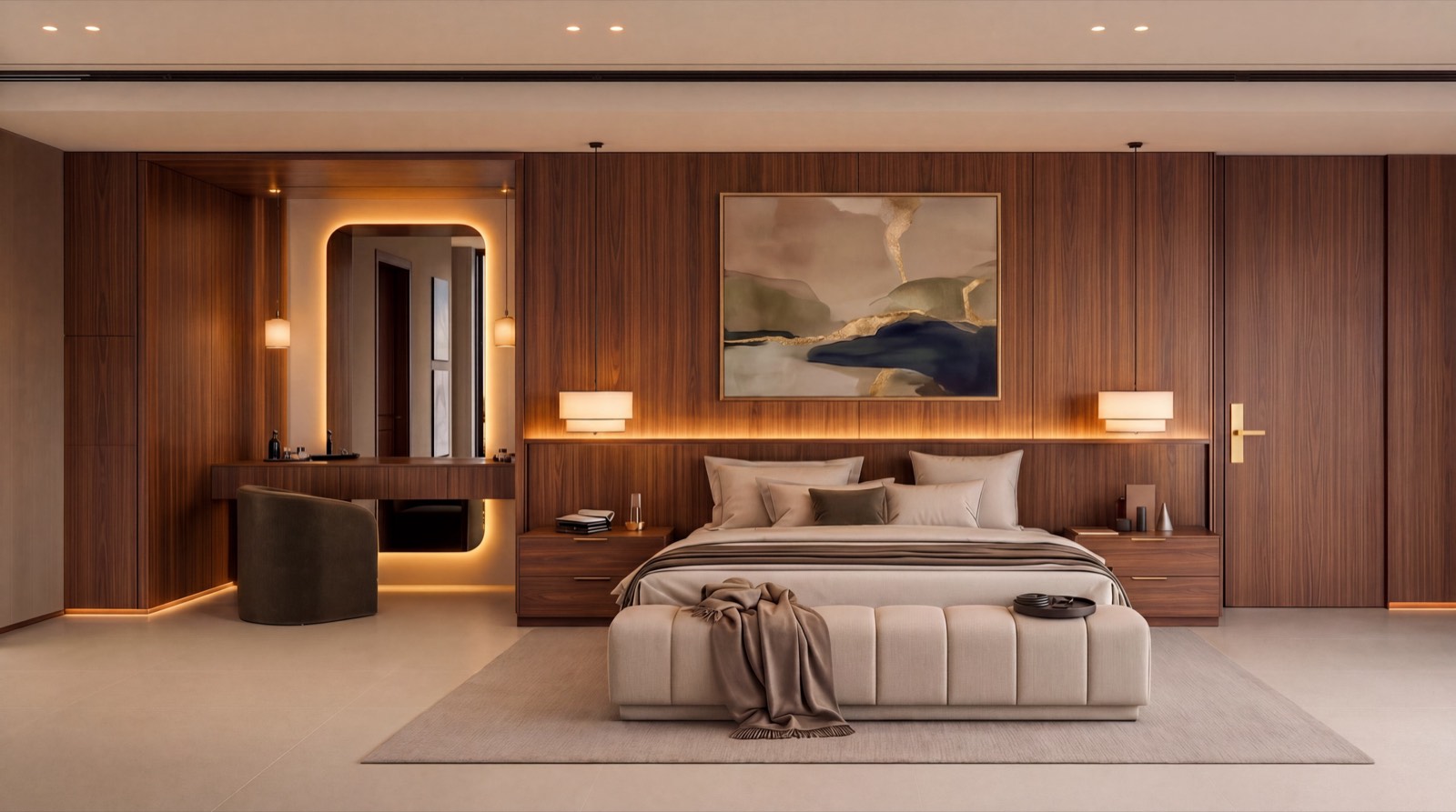 A walnut-panelled master bedroom at dusk, lit by a warm cove