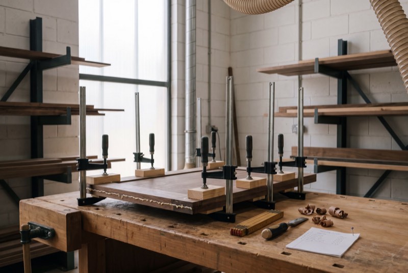 A walnut door mid-glue-up on the bench, sash clamps spaced down its length
