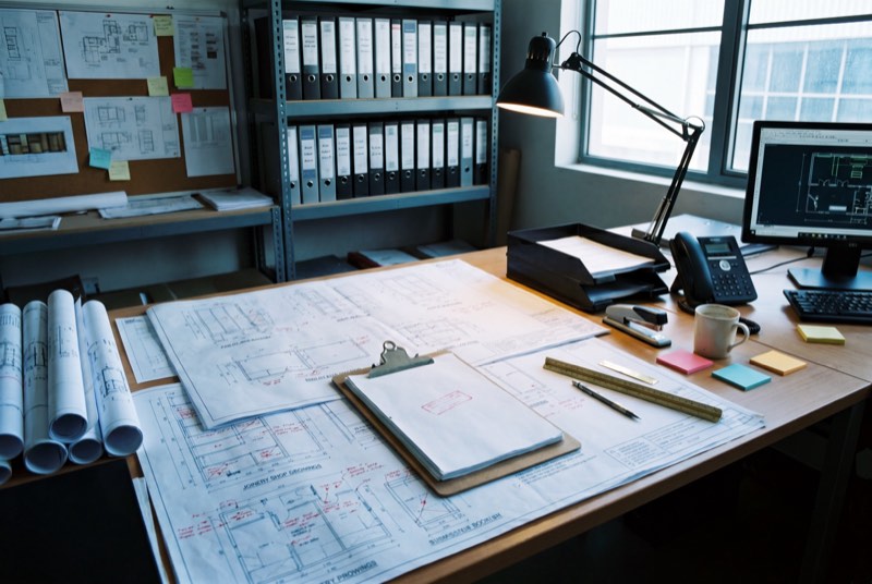 Joinery shop drawings with a ticked checklist and a red approval stamp