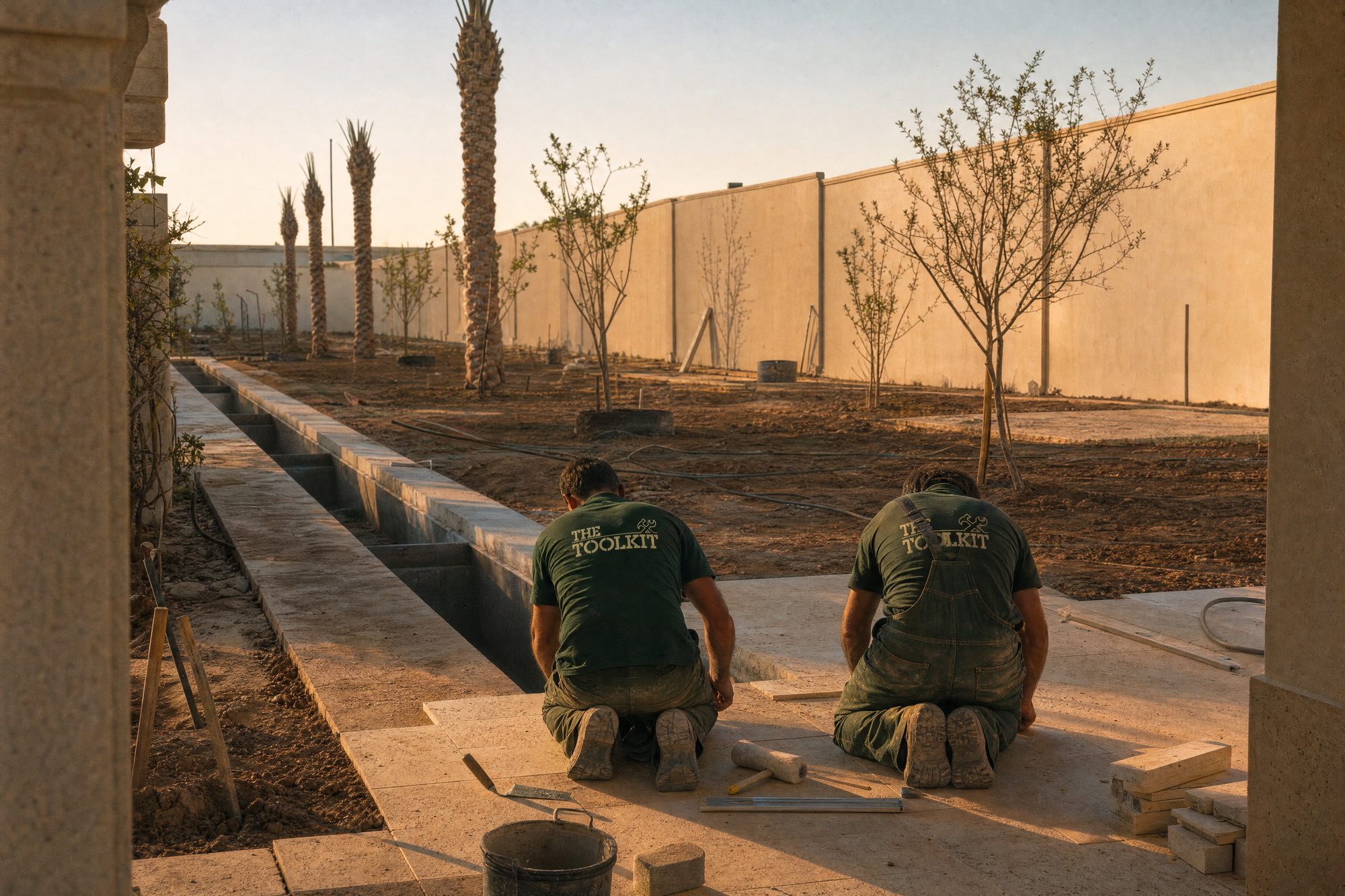The same garden at mid-works, seen from the loggia – the rill channel formed but standing dry, travertine part-laid from the near end, beds of bare raked earth and young staked trees, two of the crew kneeling to bed the paving