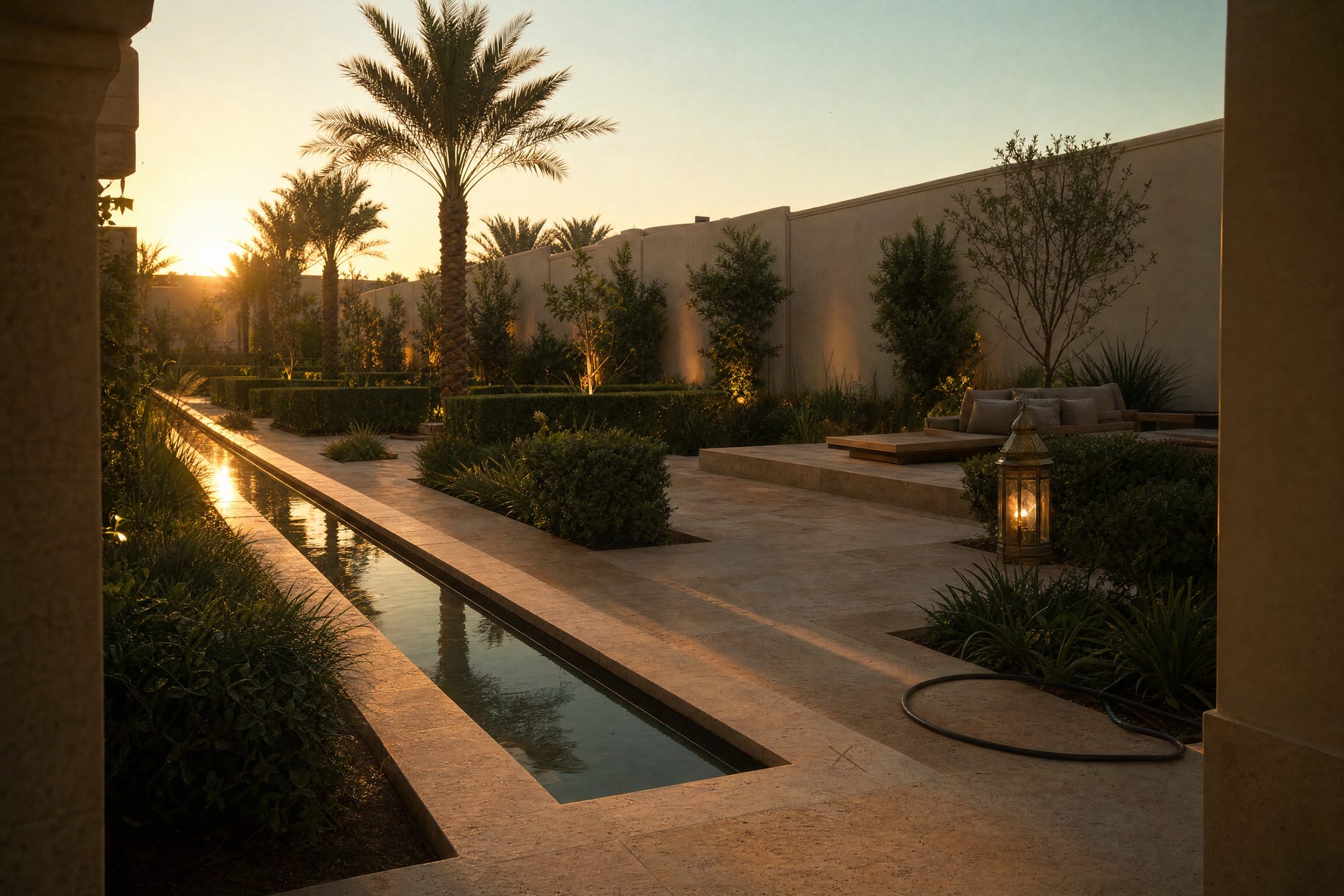 The finished garden at golden hour – the limestone rill holding still water toward the low sun, layered green planting against the bone boundary wall, a brass lantern lit beside the terrace