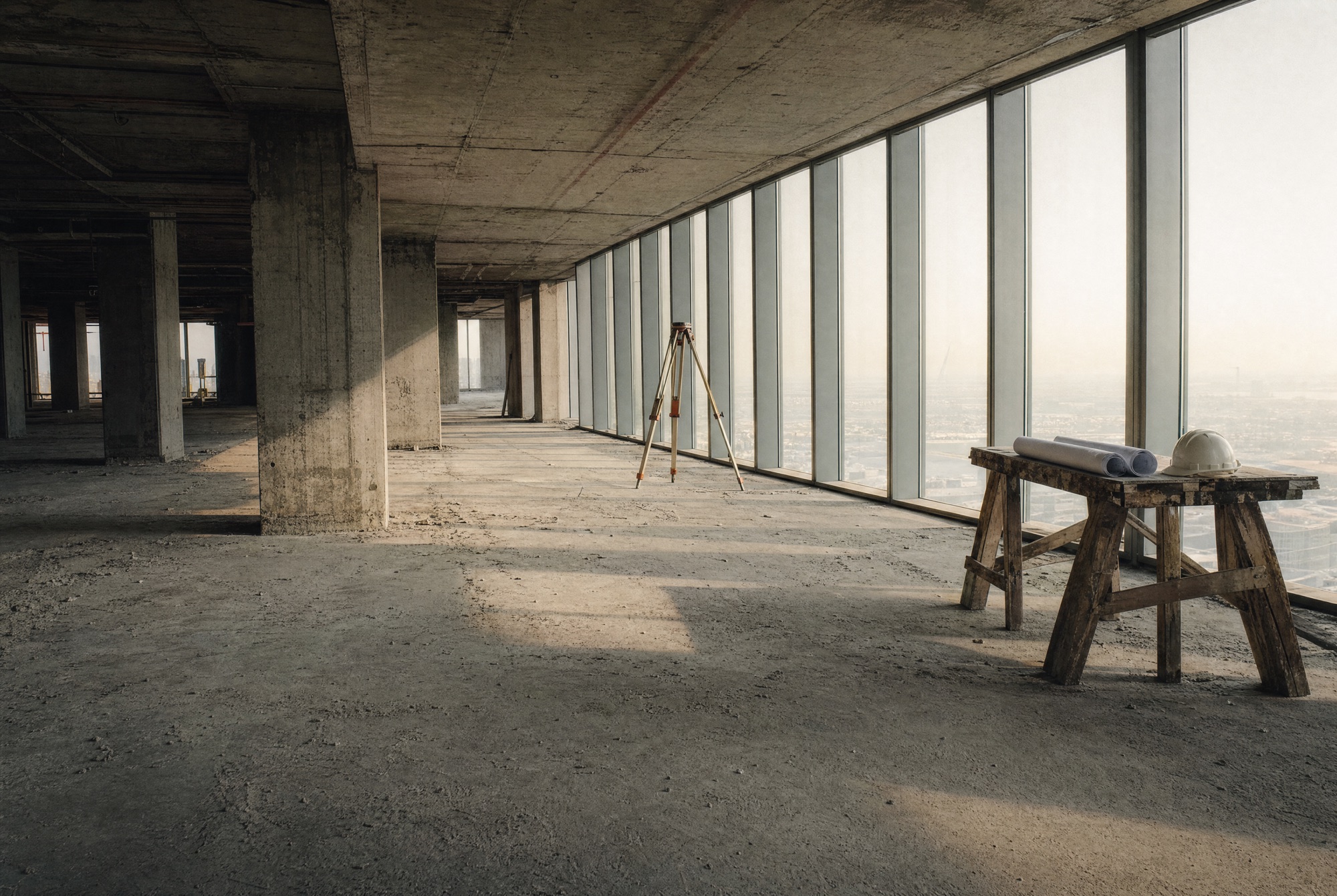 A bare office floor high in a Dubai tower – raw concrete columns, screed pale with dust, floor-to-ceiling glazing holding a hazy morning skyline