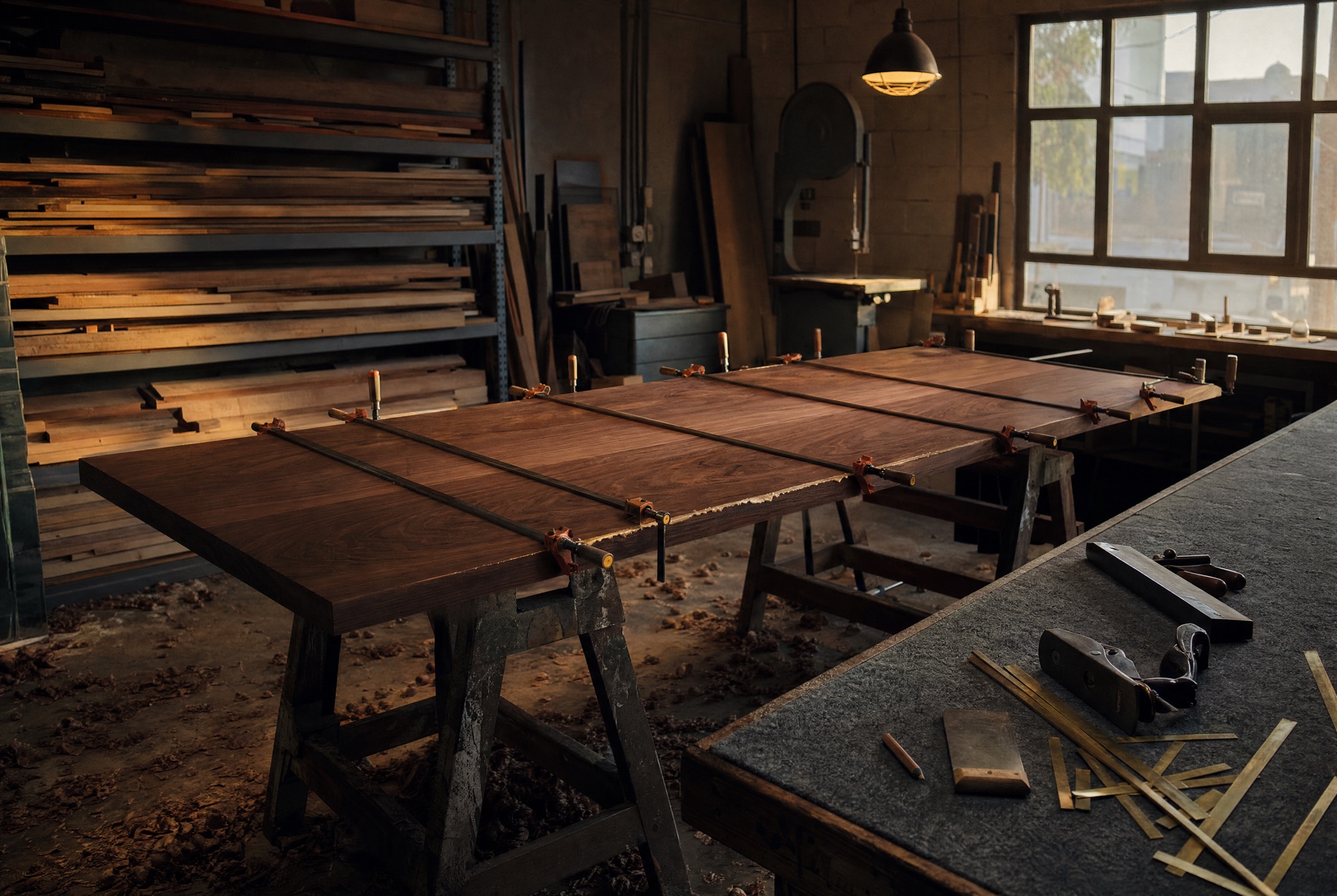 A boardroom tabletop in clamps on the workshop bench – book-matched walnut veneer, brass inlay strips laid out on felt beside it