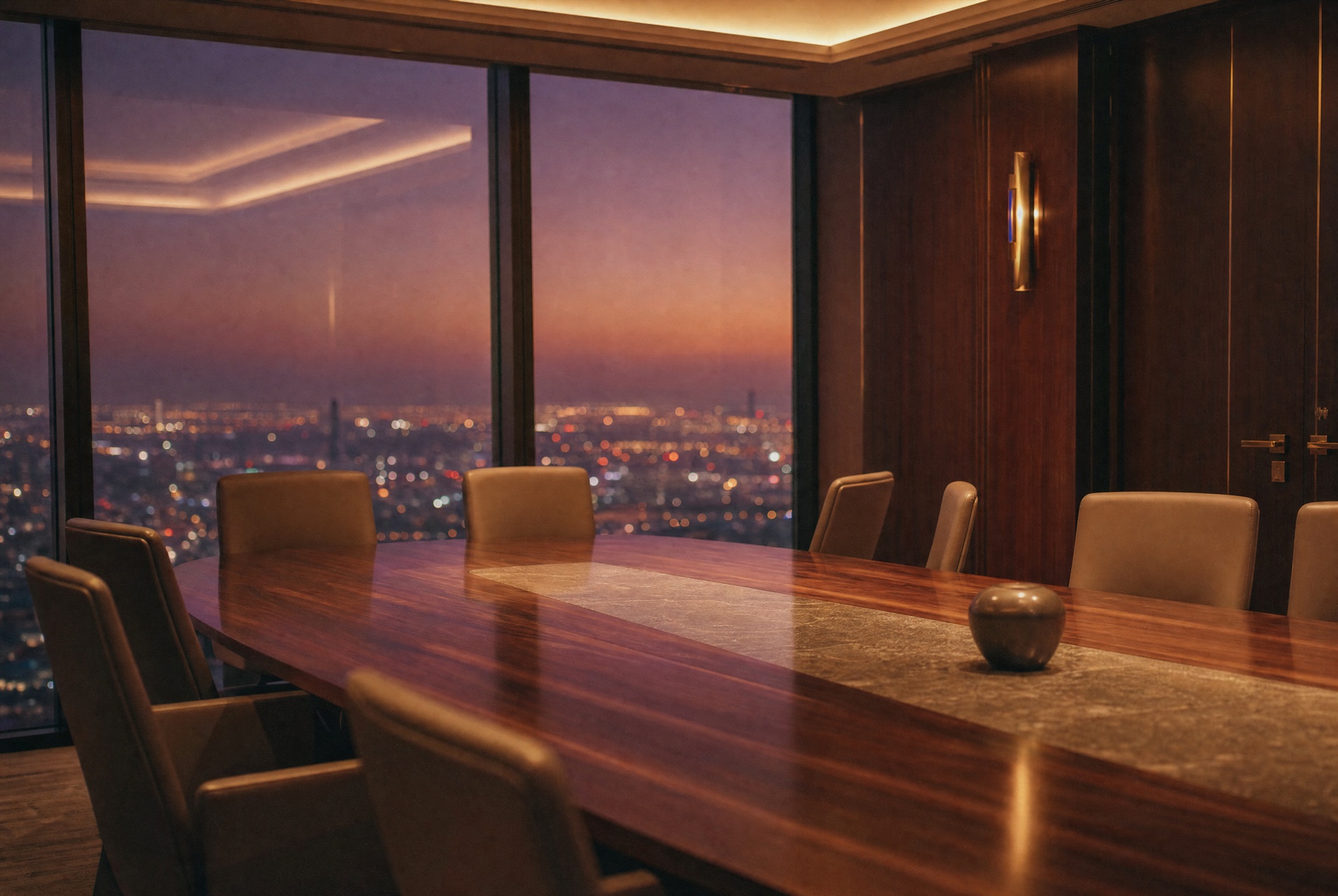 A finished boardroom at dusk – walnut panelling, bone leather chairs, a warm cove, the city softened beyond full-height glazing