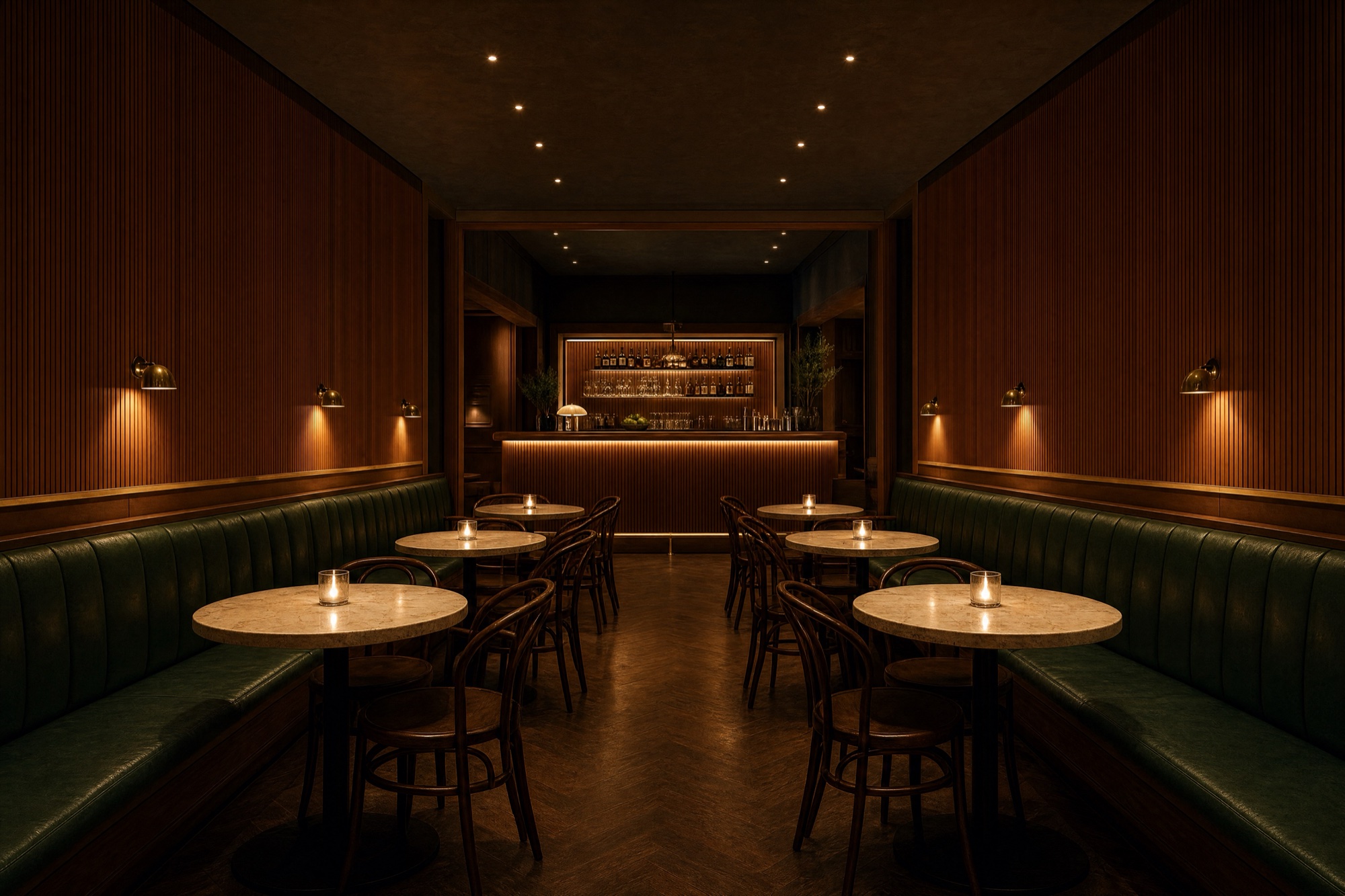 A restaurant dining room at candle-lighting hour, green leather banquettes and a glowing bar