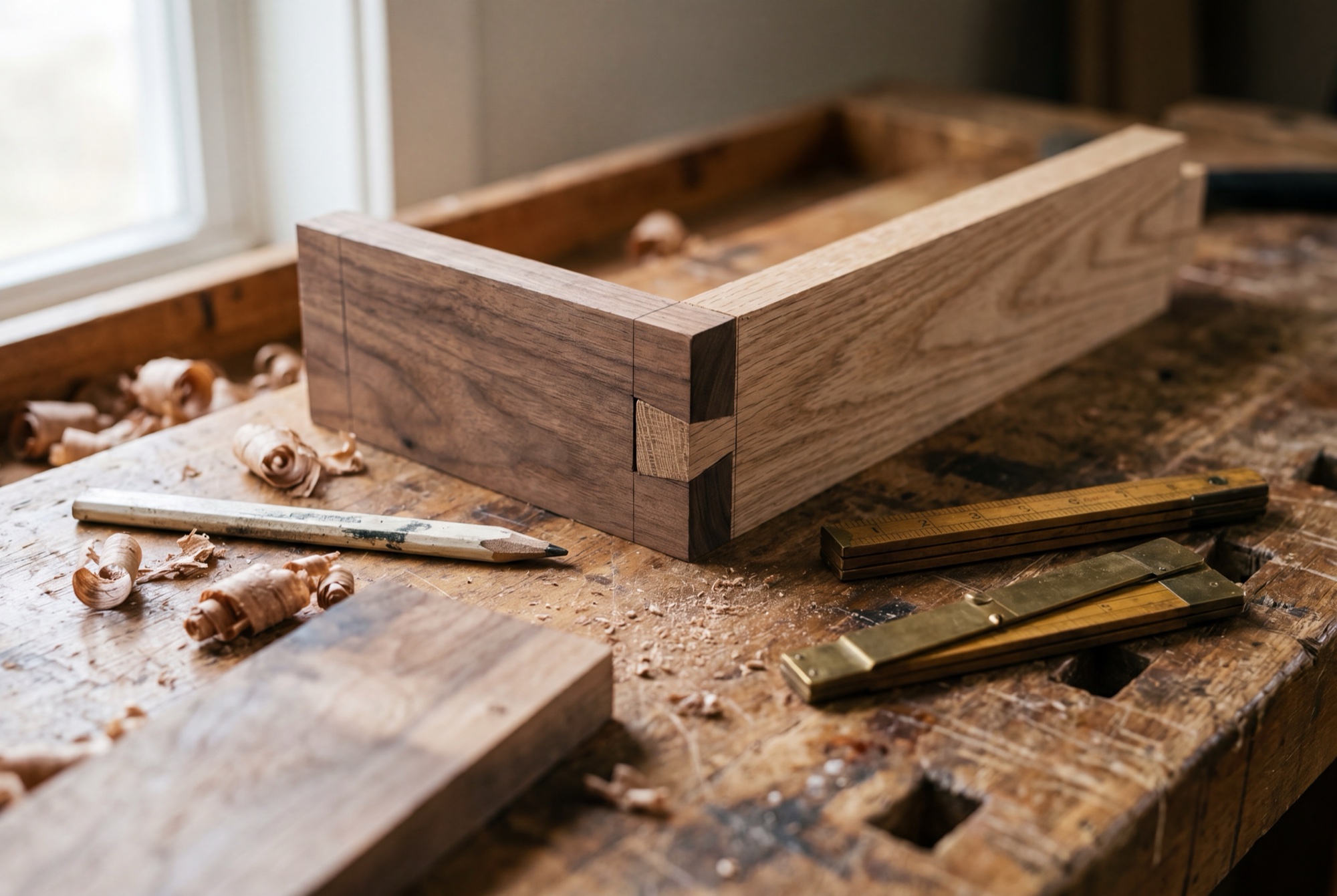 A dovetail joint mid-cut on the workshop bench, shavings still in place