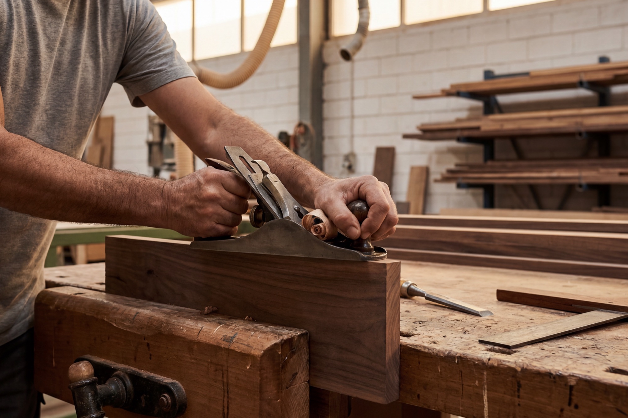 A joiner's hands at the bench, planing walnut