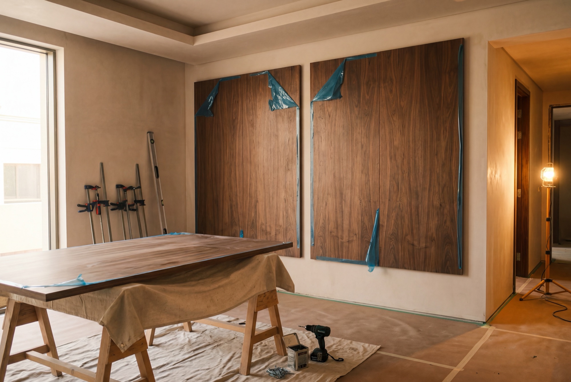 A room mid-fit-out at dusk, walnut panels waiting under film, a work lamp still burning