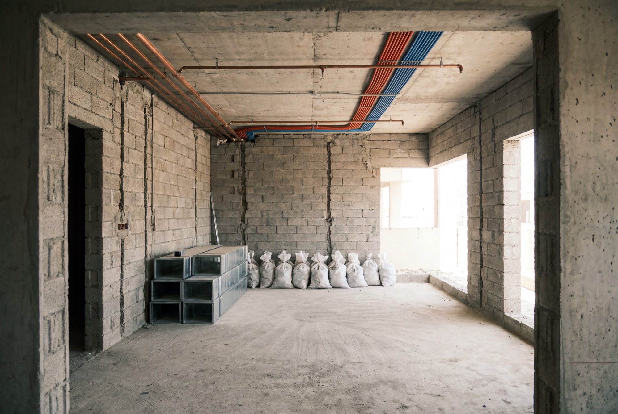 The villa taken back to blockwork and concrete, first-fix services run, debris bagged