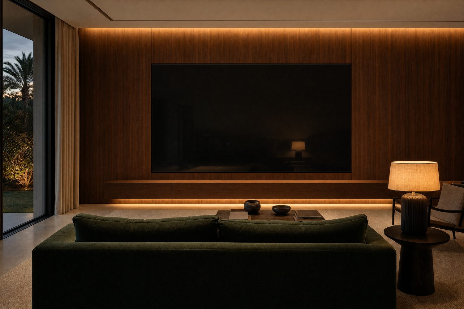 A villa family room at dusk – a huge seamless display set flush into walnut panelling above a floating lit plinth, a forest-green sofa facing it