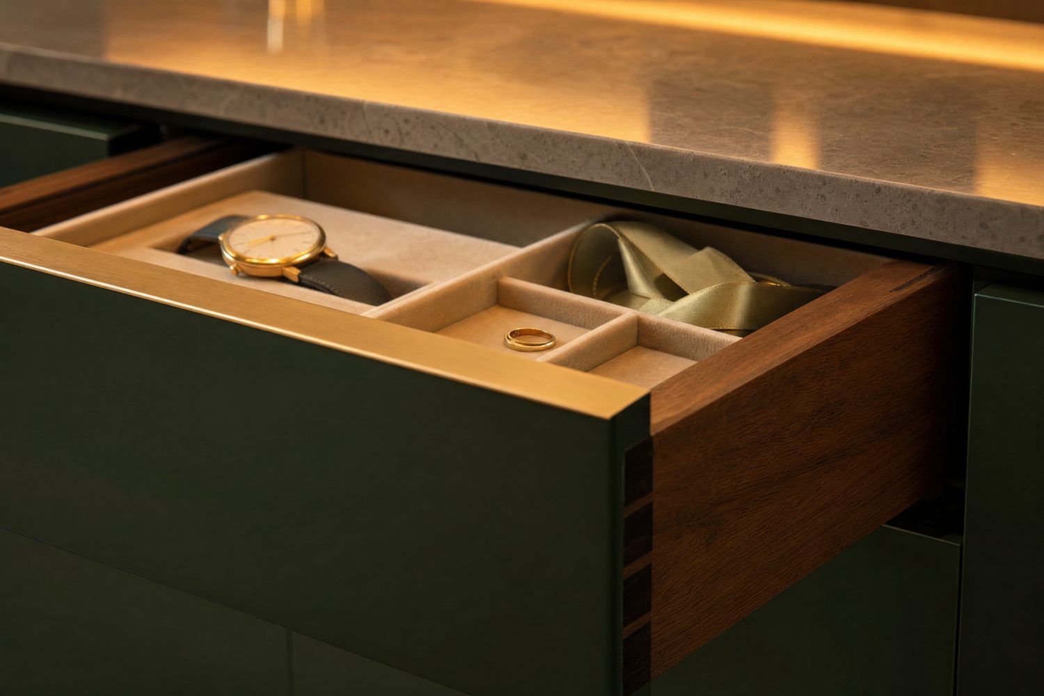A jewellery drawer half open – deep green lacquered front with a flush brass pull, dovetailed walnut sides, felt-lined compartments