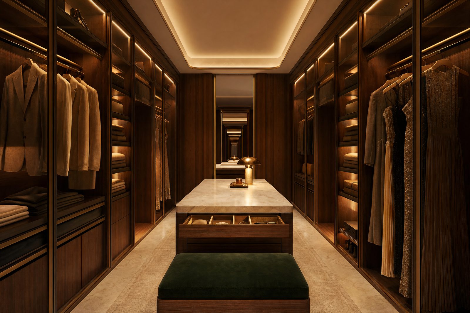 A walk-in dressing room at dusk – walnut wardrobes with smoked-glass doors lit from within, a stone-topped island with its drawer open, a forest-green velvet bench