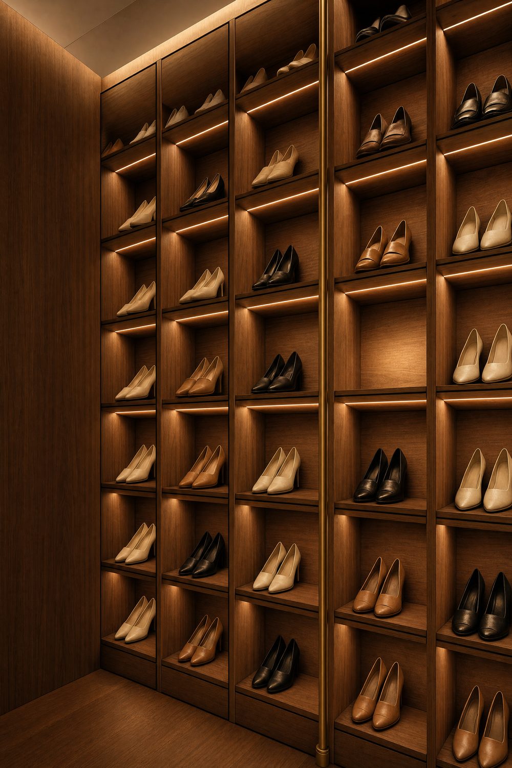 A full-height walnut shoe wall at dusk, each lit niche holding a single pair, one niche left empty with its light on