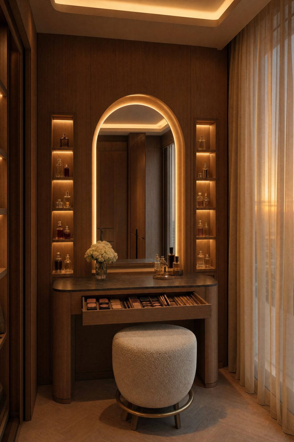 A vanity in pale walnut with an arched back-lit mirror, dark stone top and an open drawer of brass-divided make-up trays