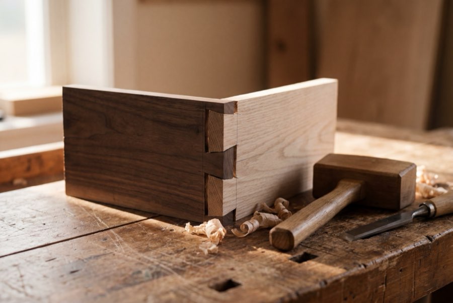 A hand-cut dovetail in walnut and oak paused mid-assembly on the bench, a joiner's mallet beside it