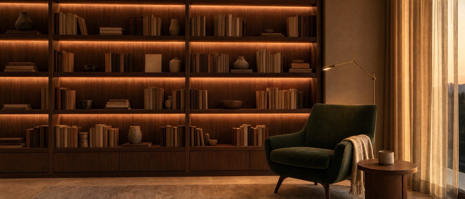 A reading corner beside a floor-to-ceiling walnut shelf wall, lit by warm shelf coves at dusk