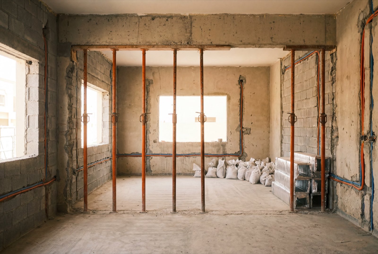 A villa mid strip-out – two rooms opened into one, props under the exposed beam, bare blockwork and first-fix services in hard daylight