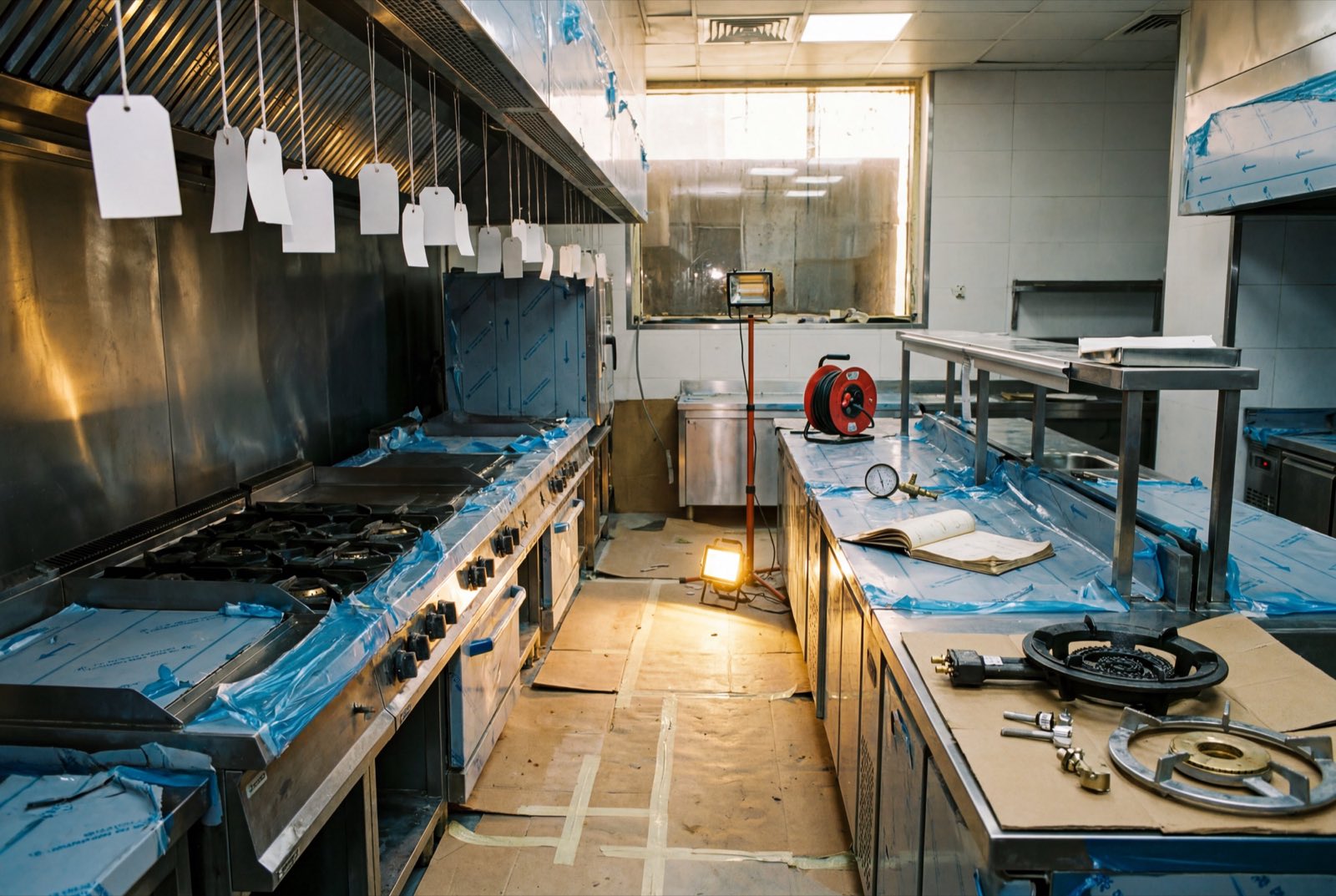 The commercial kitchen mid-works – lines of equipment under blue protective film, tagged hoods, a work lamp burning