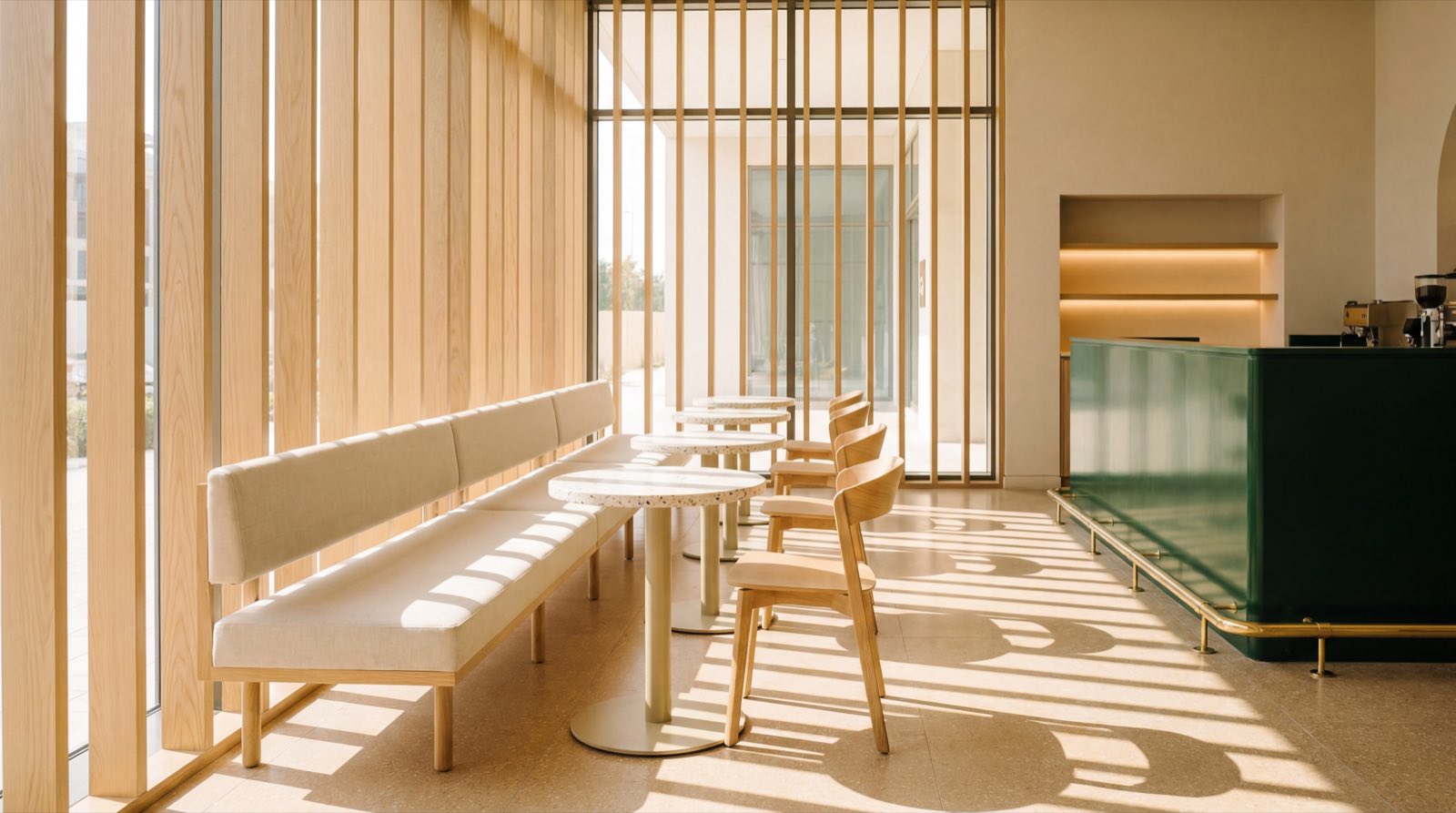 The café from the entry – morning sun through tall oak fin screens striping the banquettes, tables and terrazzo floor