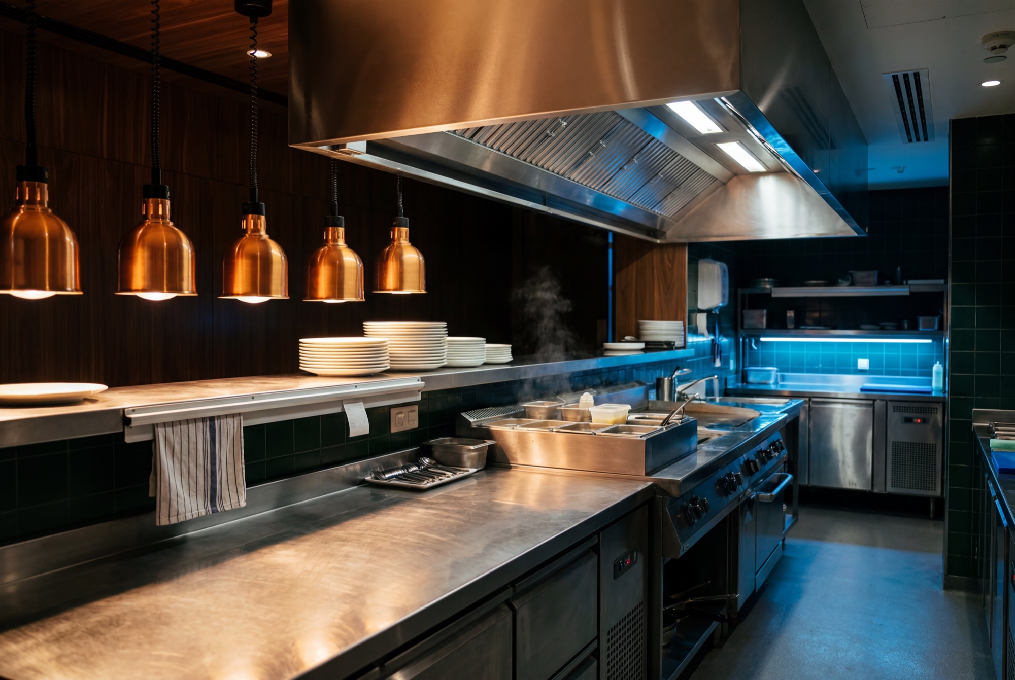 The kitchen line an hour before service – copper heat lamps over stacked plates, polished stainless, steam rising