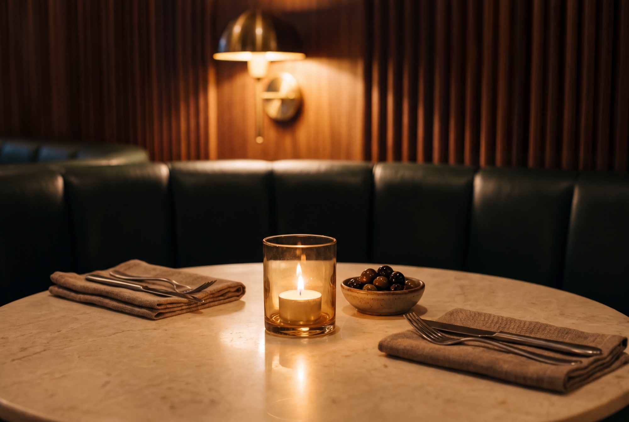 A set table at candle-lighting hour – one low candle behind glass, linen napkins, the banquette's green leather behind