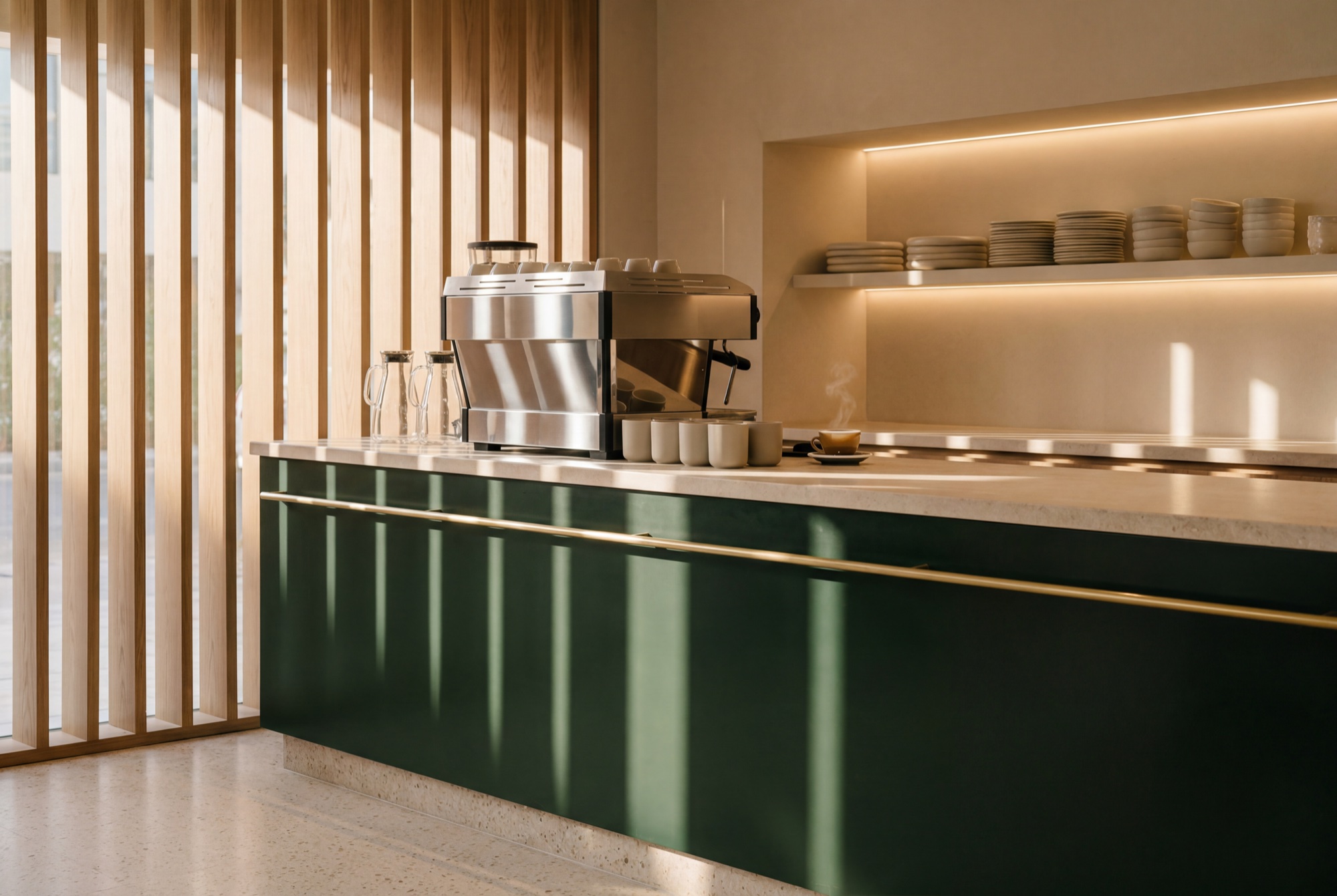 The service counter – deep green lacquer with a brass rail, an unbranded espresso machine, morning stripes across the face