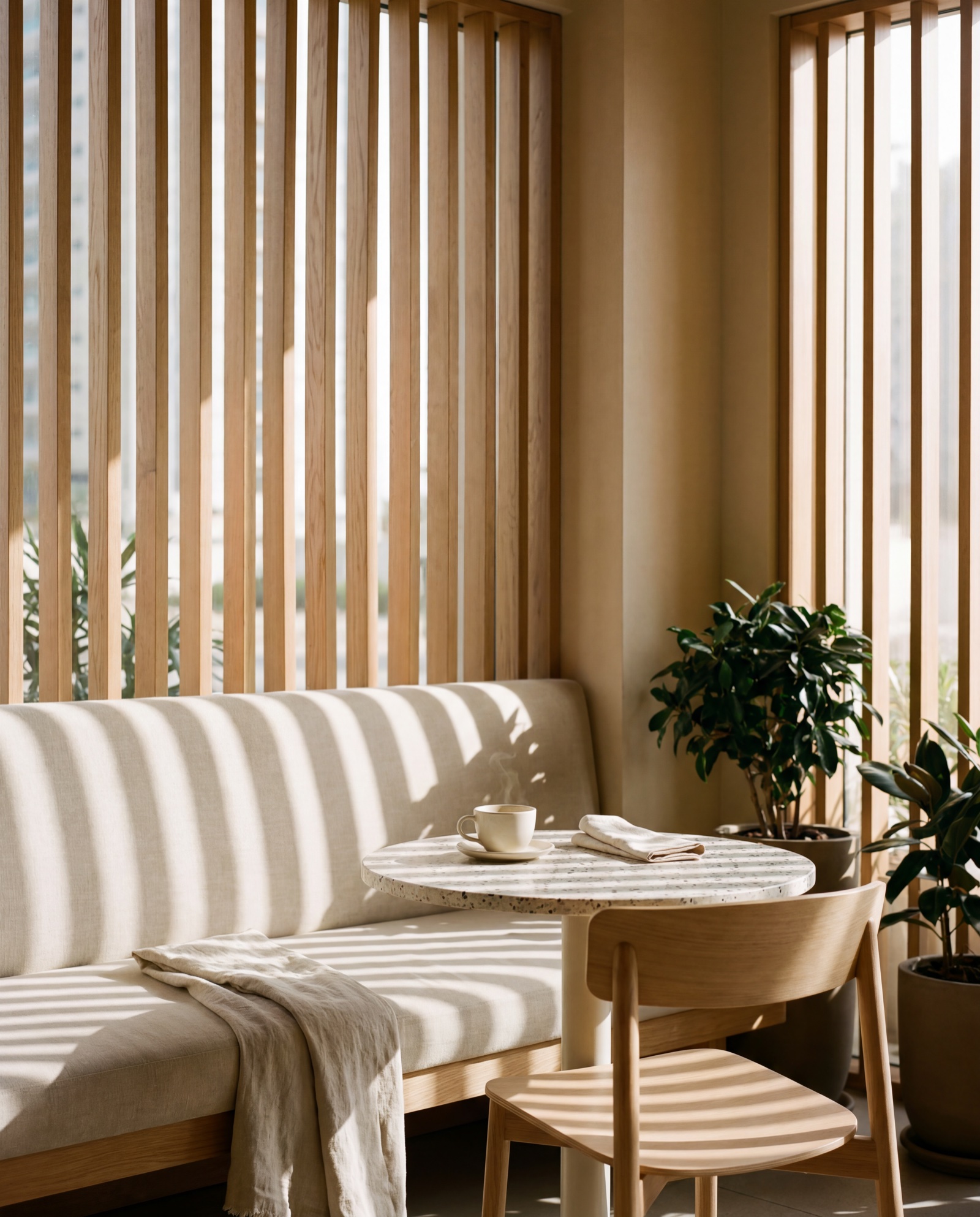 A window banquette – sun stripes across bone linen, a single cup with steam rising, a guest stepped away