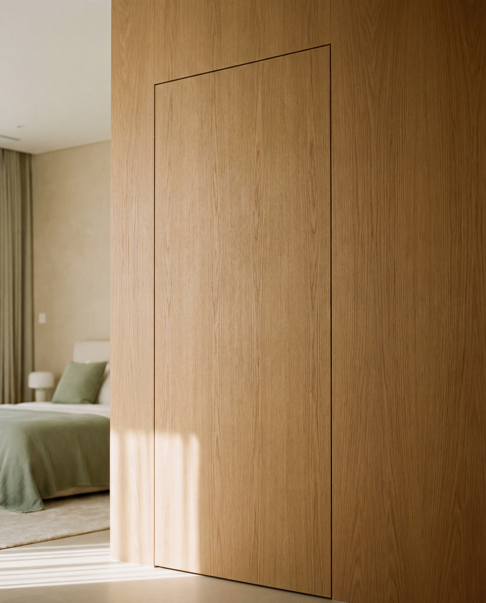 A flush oak door within an oak panelled wall, its outline drawn only by a fine, even shadow gap