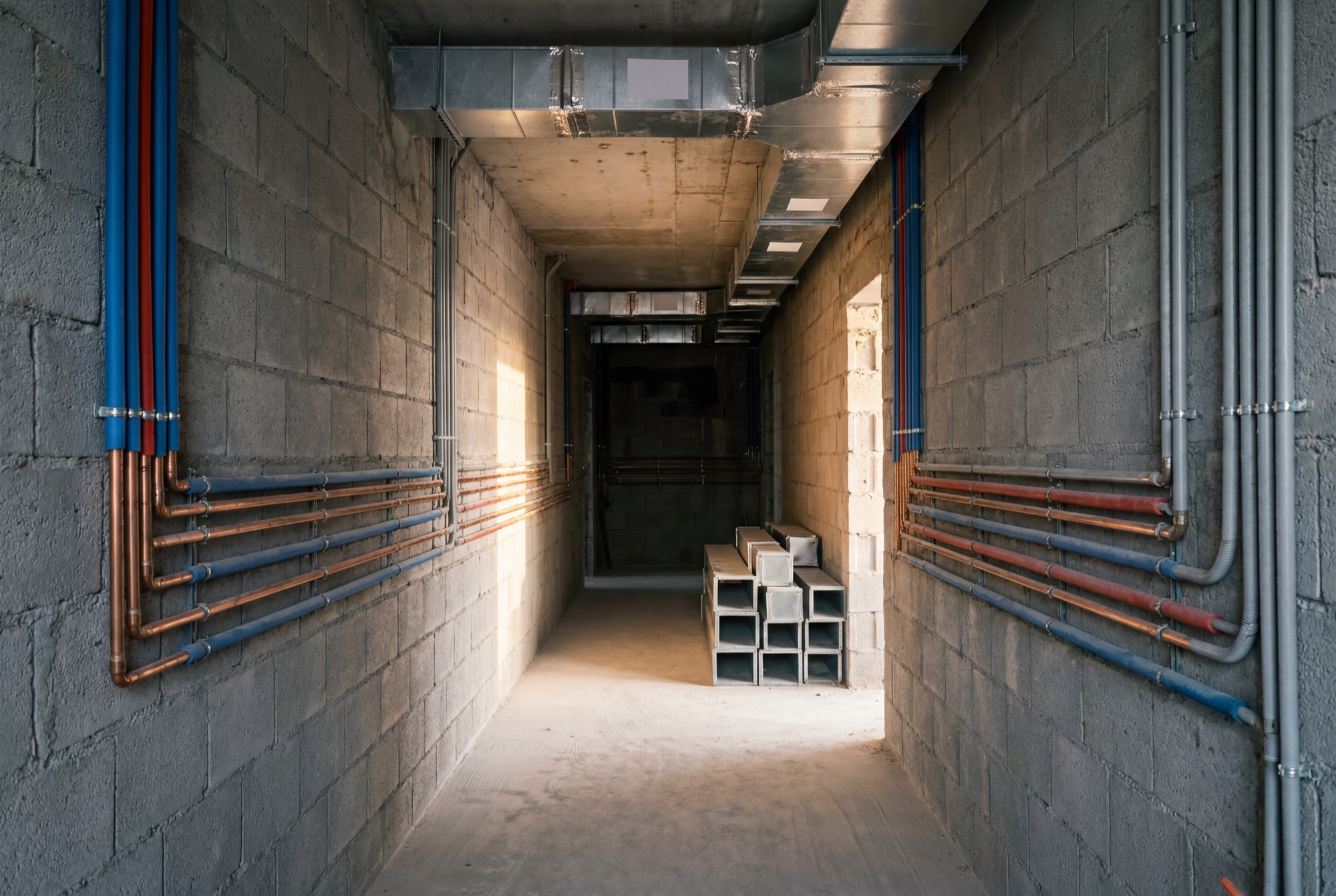 A service corridor at first fix – copper and conduit in parallel runs, new ducting tracking the soffit