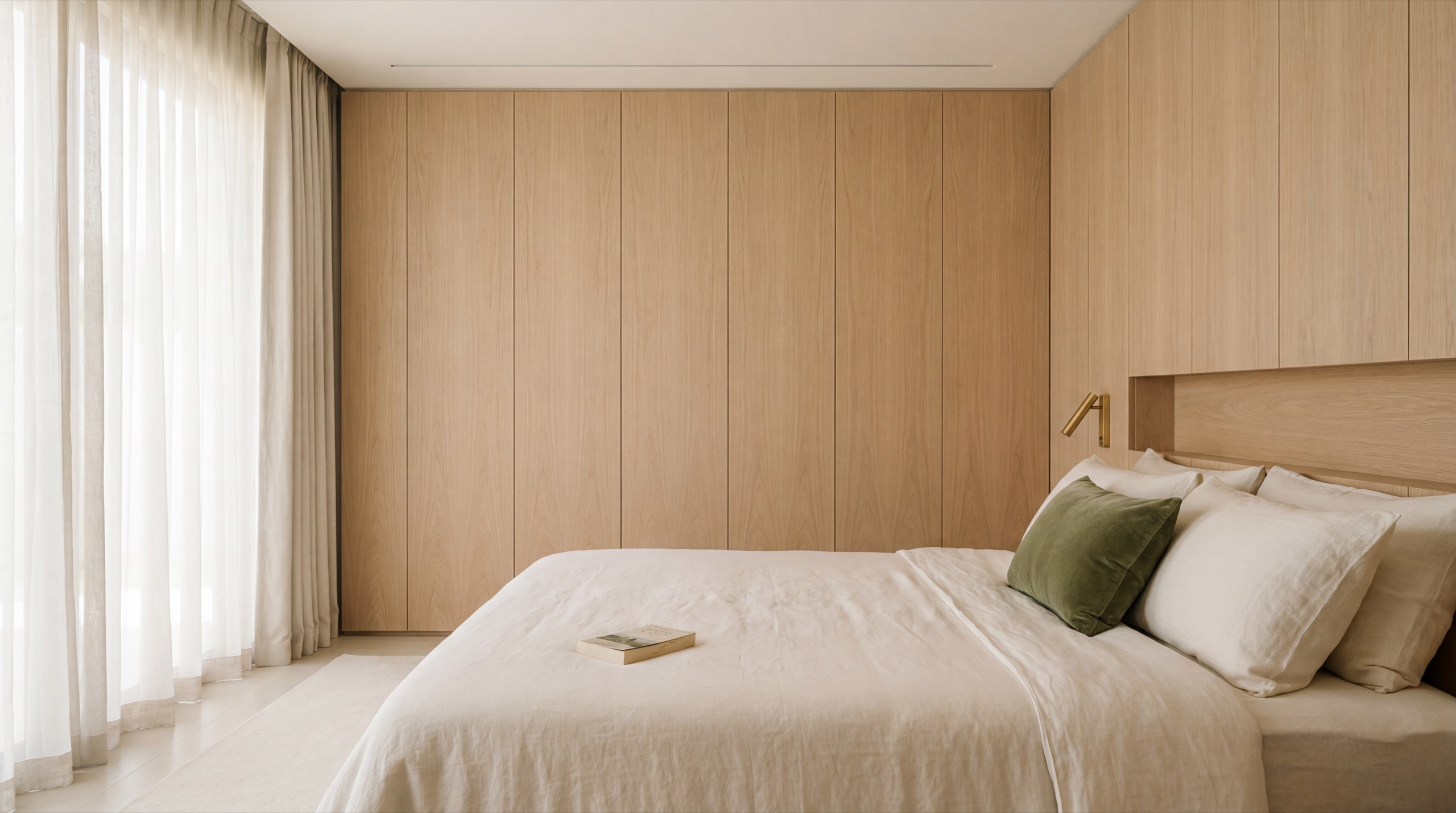 A master bedroom at midday – pale oak panelling, layered bone linen, a paperback face-down on the bed