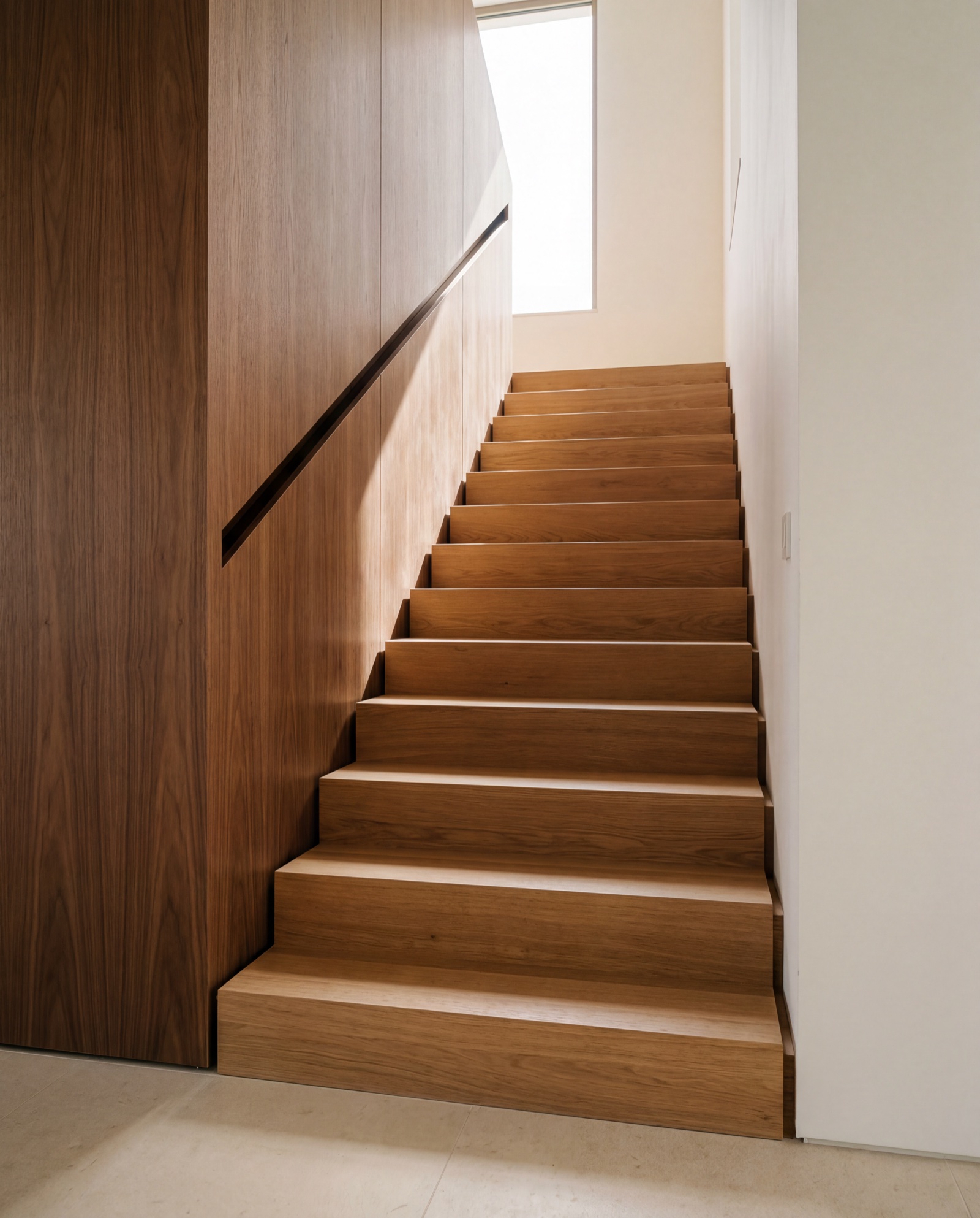 A rebuilt stair – oak treads along a flush walnut balustrade wall, noon light stepping down the flight