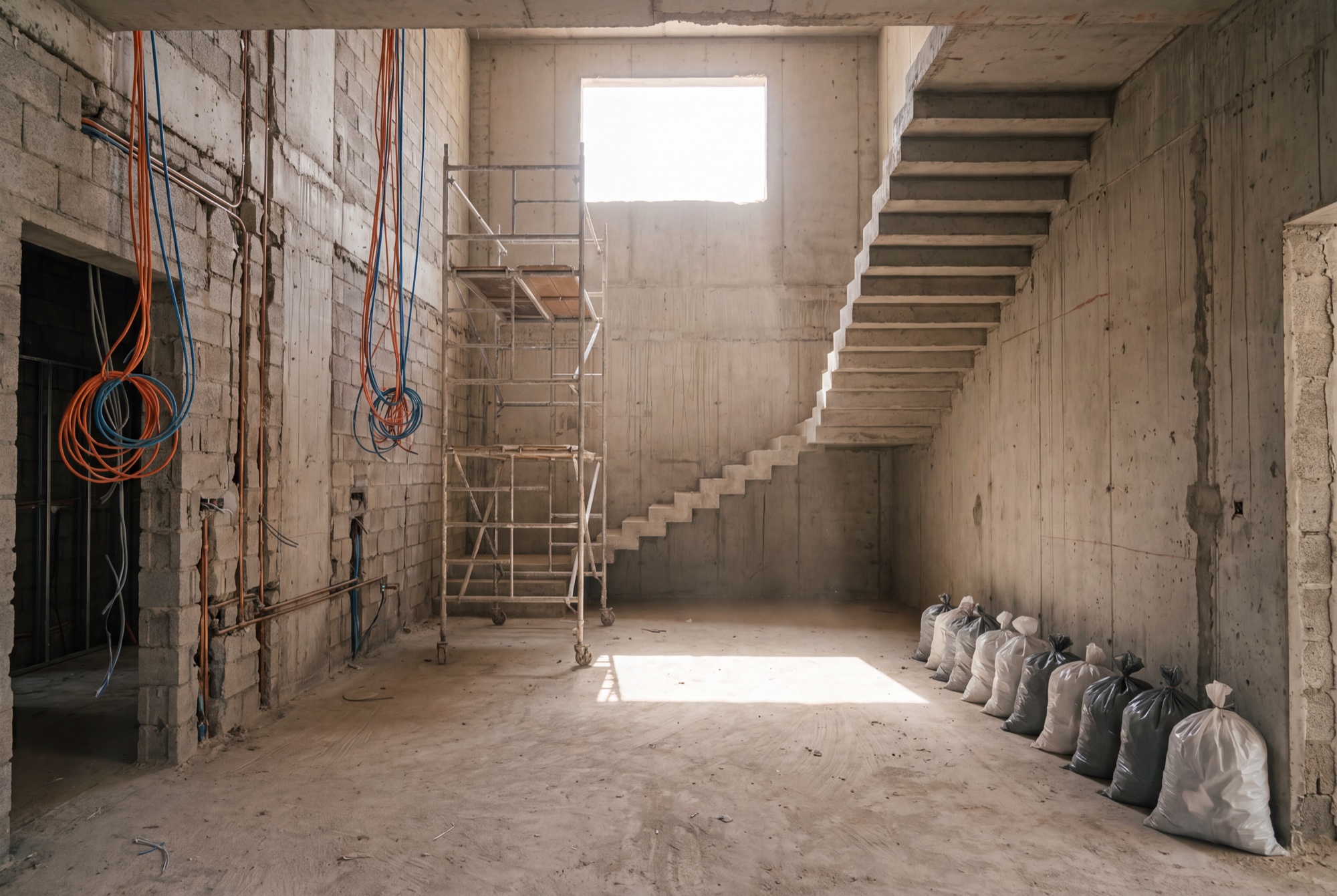 A double-height stair hall taken back to concrete – scaffold tower, chased walls, daylight through an unglazed opening