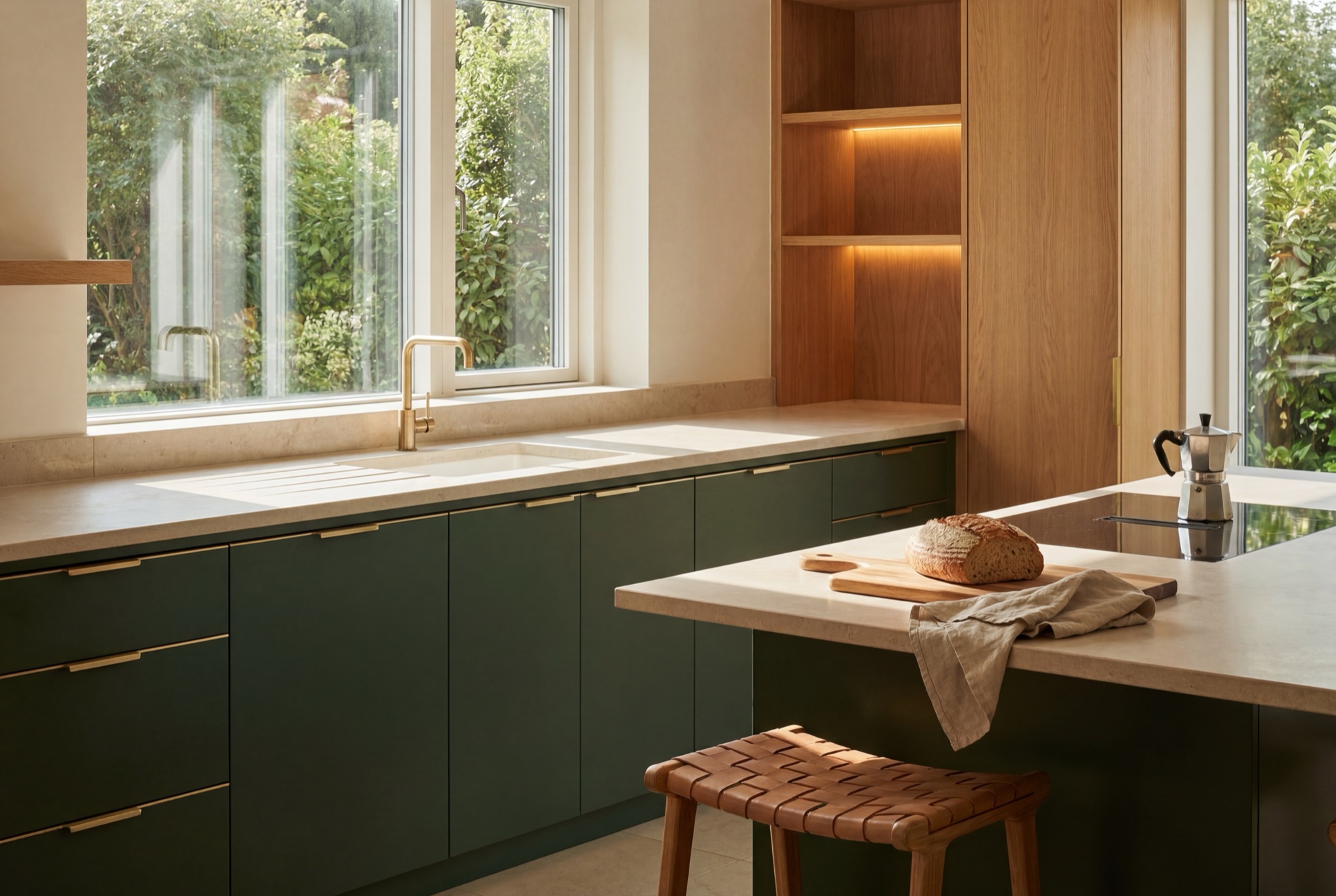 The family kitchen in deep green lacquer and oak, morning light striping the stone