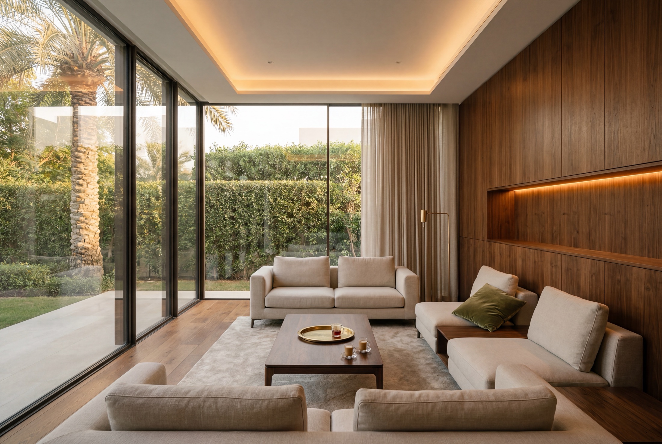 The garden-facing living room of a renovated villa in late afternoon, tea on the table