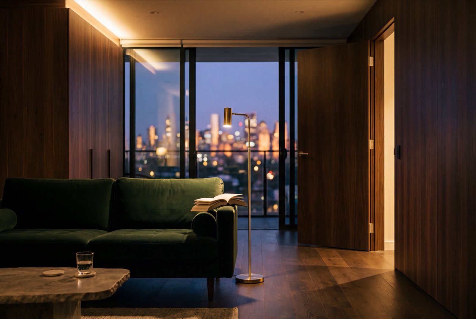 A penthouse living room at dusk, cove-lit walnut shelving and a green velvet sofa against the glass