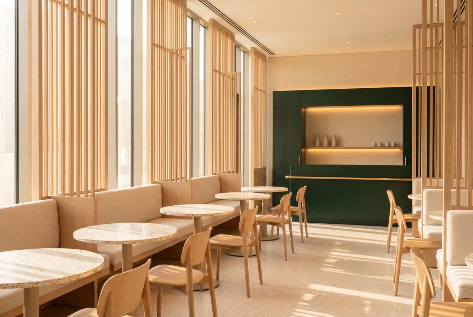 A daylight café, morning sun striping the room through tall oak fin screens